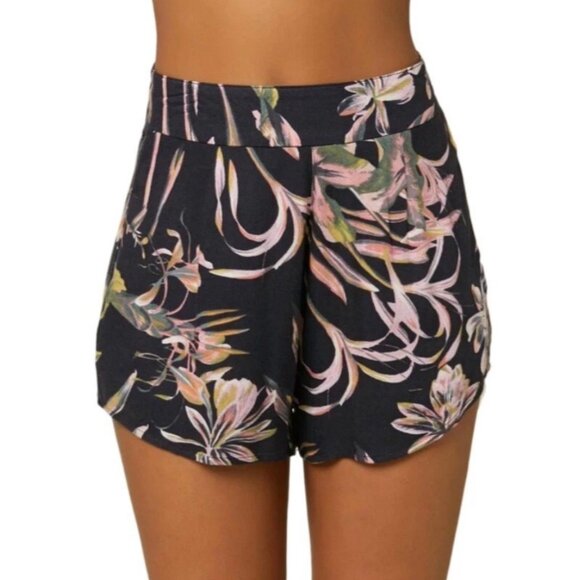 O'NEILL Raven Shorts 26 Black Pink Tropical Floral Print Woven Viscose High Rise - Picture 1 of 10